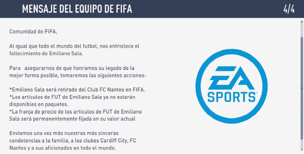 Em respeito, Emiliano Sala é retirado do jogo FIFA 19