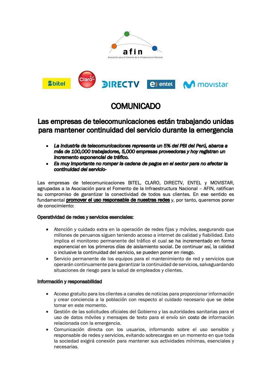 Coronavirus En El Peru Empresas De Telefonia Y Cable Claro Movistar Entel Bitel Y Directv Pider A Usuarios Cancelar Deudas Para Sostener El Servicio Covid 19 En Lima Libero Pe