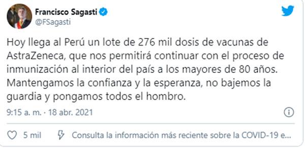 276 mil Vacunas AstraZeneca llega hoy al Perú