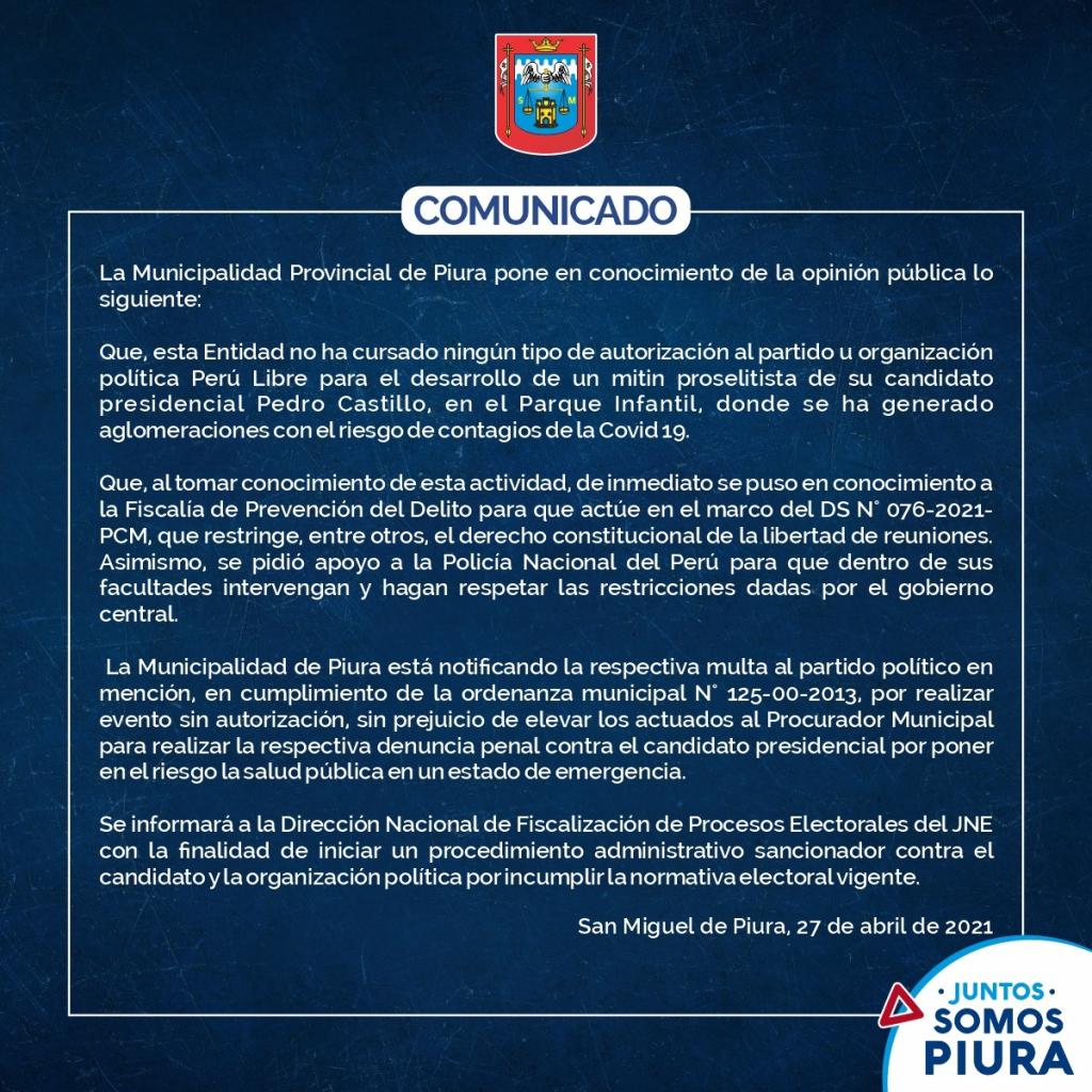 Municipalidad de Piura, Pedro Castillo, Perú Libre, Piura, mitin