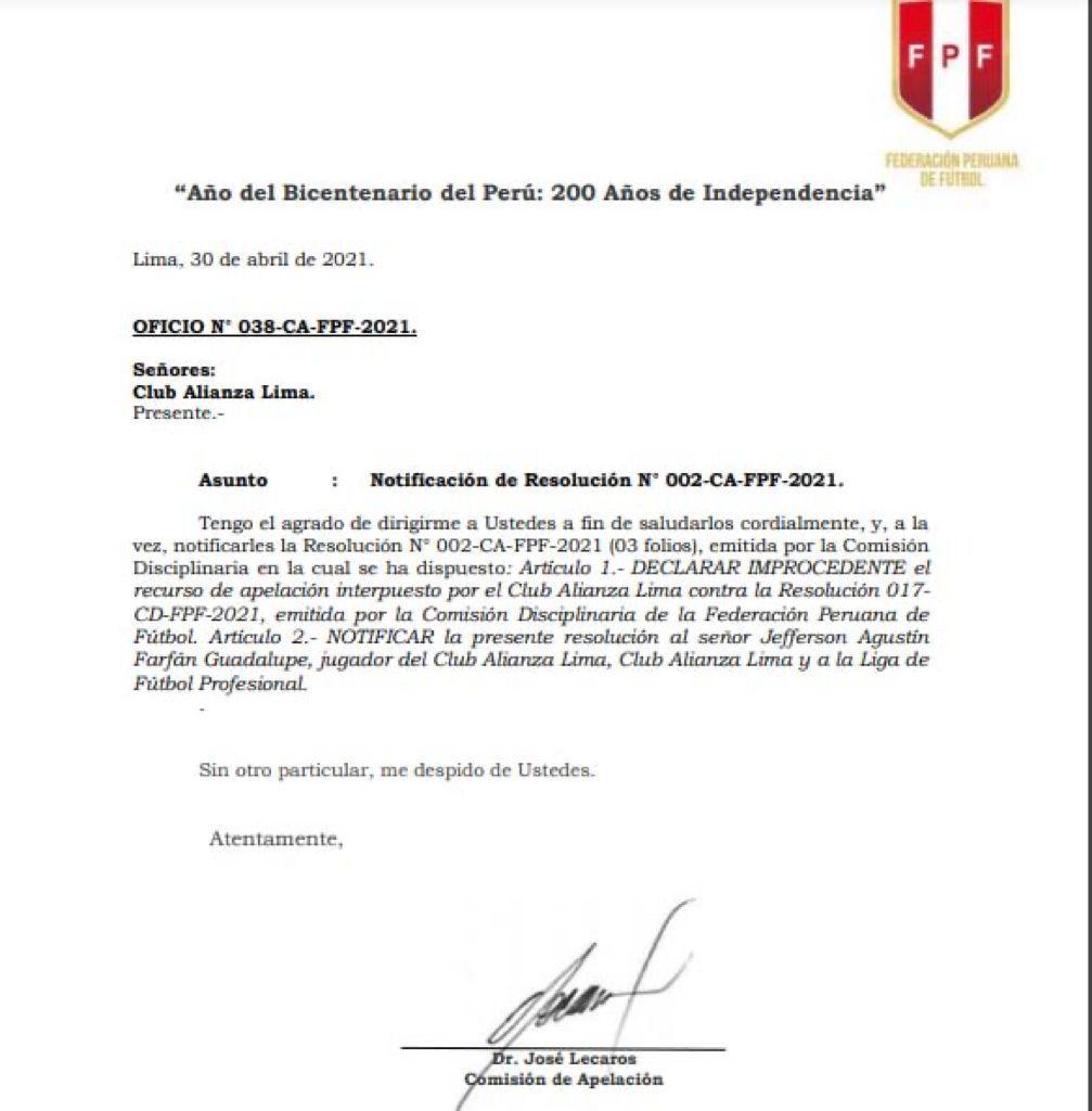 Caso Jefferson Farfán: FPF declaró improcedente apelación de Alianza Lima y no jugará dos fechas