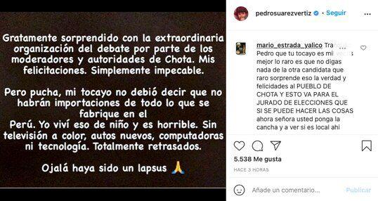 Pedro Suárez Vértiz, Instagram, debate en Chota
