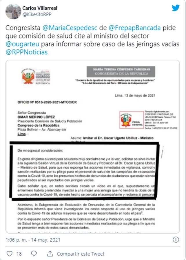 Congreso pide citar a Oscar Ugarte a responder por el caso “Jeringas Vacías”